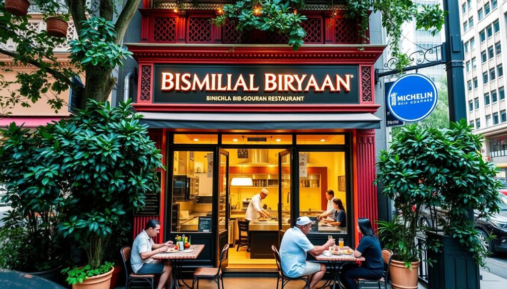A vibrant exterior of a Michelin Bib Gourmand-awarded Bismillah Biryani Restaurant in Singapore, nestled amidst lush greenery and bustling city streets. The façade is adorned with traditional Indian architectural elements, warm lighting illuminating the intricate patterns. Through the open entrance, a glimpse of the bustling kitchen can be seen, chefs meticulously preparing fragrant biryani dishes. In the foreground, a group of diners enjoy their meal at quaint outdoor tables, savoring the complex flavors. The overall scene evokes a sense of authentic, family-run establishment serving exceptional Singaporean-Indian cuisine.