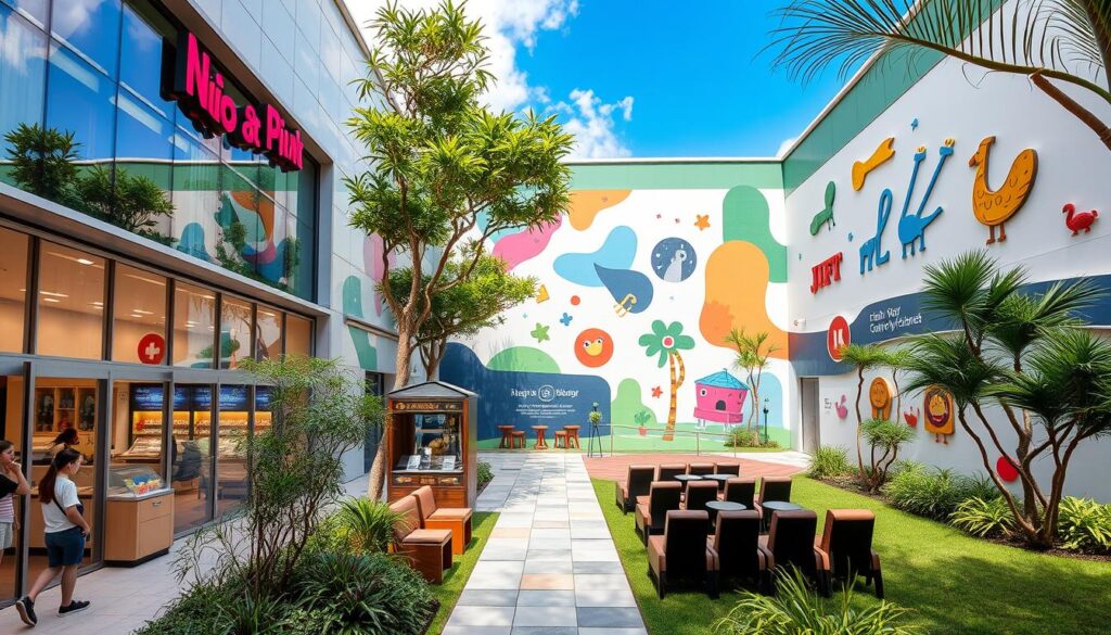 A vibrant, family-friendly cinema nestled in the heart of Singapore's lively urban landscape. The exterior features a welcoming, modern facade with large glass windows, inviting passersby to explore the cinematic offerings within. The lobby is bright and spacious, with comfortable seating areas and a concession stand offering an array of snacks and drinks. The auditoriums are equipped with plush, reclining seats and state-of-the-art audio and visual systems, ensuring an immersive and enjoyable movie-watching experience for all ages. The walls are adorned with whimsical, kid-friendly artwork, creating a warm and inviting atmosphere. Outside, a beautifully landscaped courtyard provides a peaceful respite, perfect for families to gather and enjoy the Singapore sun before or after a movie.
