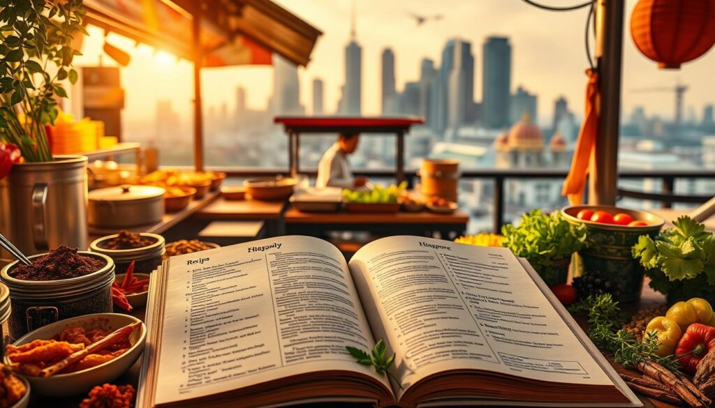 A vibrant halal food guide in Singapore, showcasing an array of traditional dishes and ingredients. In the foreground, an open cookbook displays mouthwatering recipes, surrounded by fragrant spices, aromatic herbs, and vibrant produce. The middle ground features a bustling hawker stall, with a skilled chef preparing halal delicacies. In the background, a serene Singapore cityscape, with iconic landmarks and diverse cultural influences. The scene is bathed in warm, natural lighting, creating a cozy and inviting atmosphere that celebrates the rich culinary heritage of the city. The image conveys a sense of authenticity, exploration, and the joy of discovering the best halal food in Singapore.