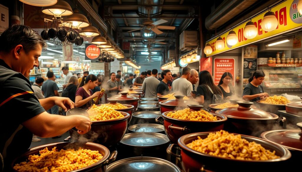 A vibrant hawker centre filled with the tantalizing aroma of claypot rice, steam rising from the hot clay pots. In the bustling foreground, a vendor skillfully serves up the piping hot dish, the sizzling sound of rice and ingredients mingling in the air. In the middle ground, patrons eagerly await their turn, their faces aglow with anticipation. The background reveals the lively atmosphere of the hawker centre, with a labyrinth of food stalls, diners chatting animatedly, and the occasional flutter of a ceiling fan. Warm lighting casts a cozy glow, highlighting the rich textures of the claypot rice and the vibrant colours of the bustling scene.