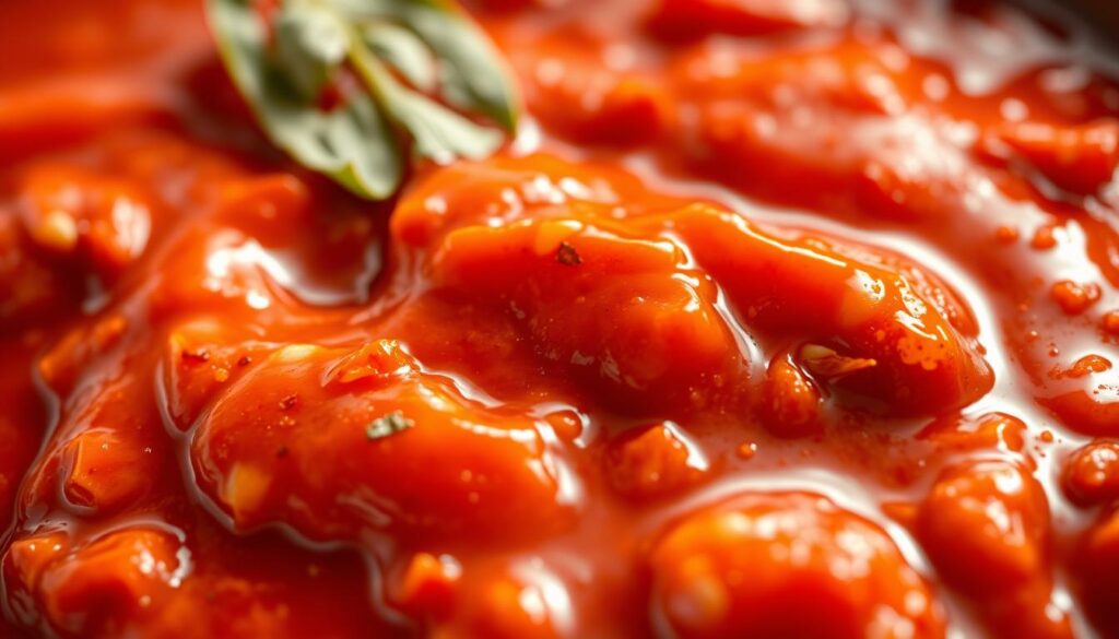 A vibrant, high-resolution close-up of a thick, glossy chili crab sauce. The sauce has a deep reddish-brown hue, with visible flecks of chili peppers and garlic. The texture is smooth and creamy, with a slight sheen from the oil. The lighting is warm and natural, casting a rich, inviting glow on the sauce. The background is blurred, keeping the focus solely on the luscious, mouthwatering sauce. The composition is balanced, with the sauce filling the frame, conveying its importance as the star of the dish.