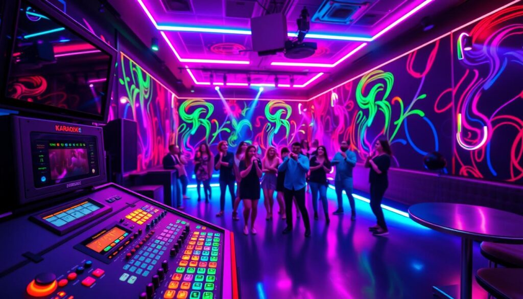 A vibrant karaoke lounge bathed in neon lights, with a lively and energetic atmosphere. In the foreground, a large karaoke machine stands, its colorful buttons and digital display beckoning singers to take the stage. The middle ground features a spacious dance floor, populated by a group of friends enthusiastically belting out their favorite tunes, their faces illuminated by the pulsing neon lights overhead. In the background, the walls are adorned with vibrant, abstract neon patterns, creating a visually stunning and immersive environment. The scene is captured with a wide-angle lens, emphasizing the dynamic and captivating nature of this karaoke experience.