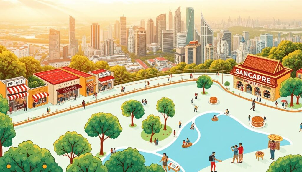 A vibrant map of Singapore's top pancake destinations, captured in a whimsical, hand-drawn style. The foreground showcases various pancake shops, each with its unique architectural features and colorful signage. The middle ground features lush greenery, bustling streets, and pedestrians enjoying their delectable pancake treats. The background is a panoramic view of the city skyline, bathed in warm, golden lighting that creates a cozy, inviting atmosphere. The image exudes a sense of energy, culinary delight, and the vibrant spirit of Singapore's thriving food scene.