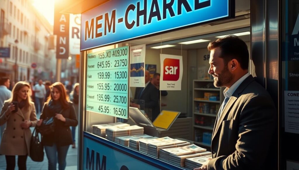 A vibrant mid-market currency exchange booth, set against the bustling backdrop of a city street. The booth's signage prominently displays the exchange rates, inviting passersby to take advantage of the competitive prices. Warm sunlight filters through the glass, casting a soft glow on the countertop where stacks of various banknotes are neatly arranged. The booth's attendant, dressed in a professional yet approachable manner, stands ready to assist customers with their currency conversion needs. The scene conveys a sense of financial accessibility and transparency, reflecting the "Top Tips for Finding the Best Money Changer Rates" section of the article.