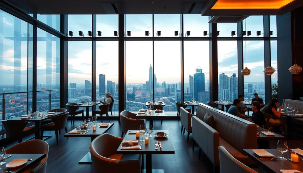 A vibrant, modern restaurant interior in Singapore, with floor-to-ceiling windows offering breathtaking views of the city skyline. Elegant, minimalist furnishings in muted tones create a sophisticated ambiance, complemented by warm, ambient lighting that casts a soft glow. Diners enjoy a unique culinary experience, savoring expertly crafted dishes that blend international flavors with local Singaporean influences. The scene exudes a sense of exclusivity and refined elegance, capturing the essence of the best new restaurants that Singapore has to offer.