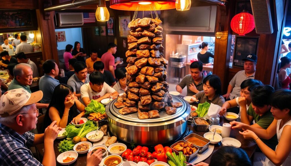 A vibrant mookata dining scene in the heart of Phuket Town, where a towering "meat mountain" takes center stage. Sizzling meats, marinated to perfection, beckon from a gleaming tabletop grill, surrounded by an array of fresh vegetables and dipping sauces. Diners huddle around, eagerly awaiting their turn to conquer this flavorful culinary challenge, as the aroma of grilled delights wafts through the lively, bustling atmosphere. Warm lighting casts a cozy glow, complementing the rustic, wooden accents that give the space an authentic, local charm. The scene exudes a lively, communal spirit, inviting guests to indulge in the unique, time-honored traditions of Phuket's renowned mookata experience.