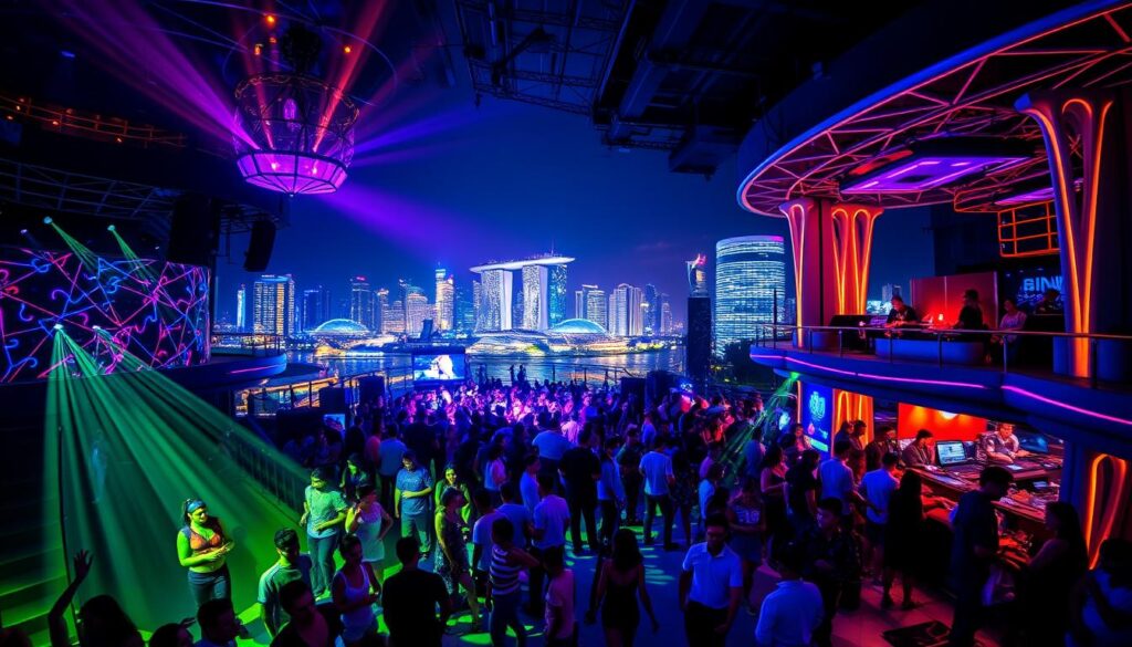 A vibrant nightscape in the heart of Singapore, featuring a unique clubbing experience. In the foreground, a dynamic dance floor with a diverse crowd of revelers, illuminated by a kaleidoscope of mesmerizing neon lights. In the middle ground, a sleek and modern club interior with high ceilings, cutting-edge sound systems, and intricate architectural details. The background showcases the glittering skyline of Singapore, with iconic landmarks and skyscrapers creating a dazzling backdrop. The overall atmosphere is one of energy, excitement, and a sense of exclusivity, capturing the essence of Singapore's thriving nightlife scene.