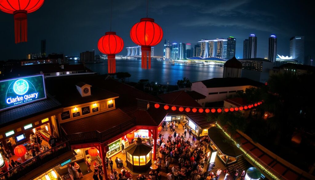 A vibrant nightscape of Clarke Quay, Singapore's premier riverfront entertainment district. In the foreground, bustling crowds spill out from the brightly lit bars, restaurants, and nightclubs, their laughter and energy palpable. The middle ground is dominated by the iconic red lanterns and colonial architecture, casting a warm glow over the scene. In the background, the Singapore River winds its way through the heart of the city, skyscrapers and the iconic Marina Bay Sands skyline forming a dramatic backdrop. The image is captured with a wide-angle lens, conveying a sense of immersion and excitement, as if the viewer is right there in the middle of the action. The overall mood is one of urban sophistication, nightlife, and the unique blend of old and new that defines the essence of Clarke Quay.