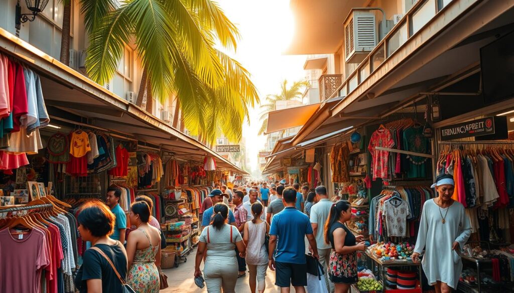 A vibrant open-air market in Singapore, Bugis Street bustles with vendors selling an array of affordable clothing, accessories, and local handicrafts. Colorful stalls line the narrow streets, their wares spilling out onto the walkways. Shoppers navigate the crowded lanes, haggling with friendly merchants over discounted fashion finds and quirky trinkets. Warm tropical sunlight filters through the overhead canopies, casting a golden glow across the lively scene. The air is filled with the chatter of bargaining, the aroma of street food, and the infectious energy of this iconic shopping destination.