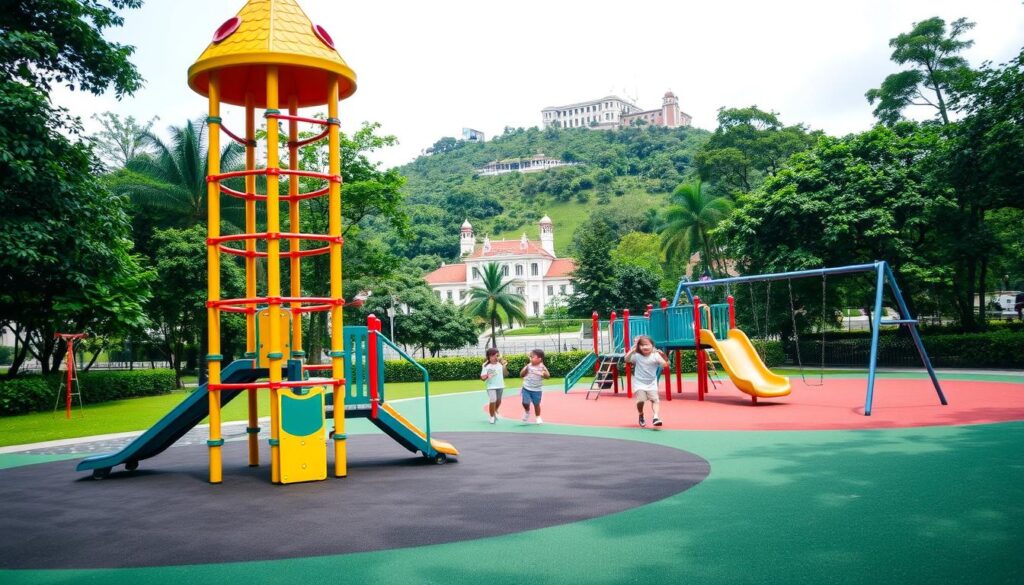A vibrant outdoor playground set amidst the lush greenery of Jubilee Park at Fort Canning. The foreground features an array of colorful play equipment, including a towering jungle gym, swings, and a slide nestled within a soft rubberized surface. In the middle ground, children's laughter echoes as they explore the various structures, their joyful movements captured in a warm, natural light. The background showcases the iconic Fort Canning Hill, its verdant slopes and historic architecture creating a picturesque setting that seamlessly blends the natural and the manmade. The overall scene exudes a sense of adventure, discovery, and boundless energy, perfectly capturing the essence of a premier Singapore playground.