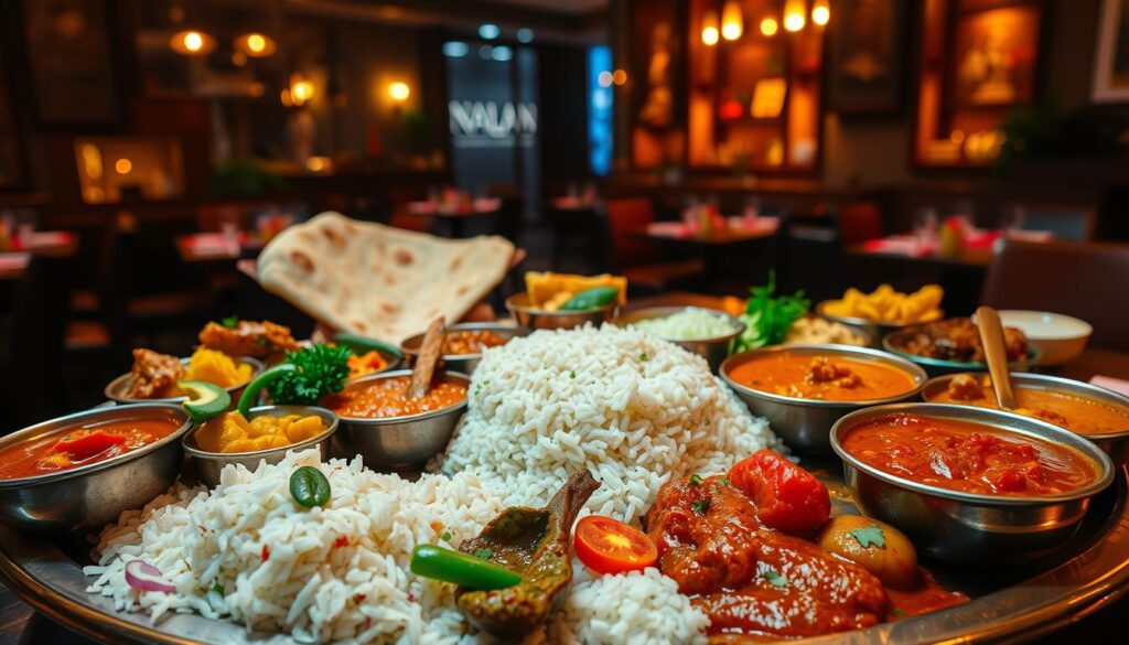 A vibrant, richly-textured scene of an array of authentic Indian vegetarian dishes, artfully presented on a traditional brass thali. In the foreground, an assortment of colorful curries, dals, and sabjis, each with its own distinctive aroma and flavor. The middle ground features a delicate basmati rice pilaf, fluffy naan breads, and an array of chutneys and pickles. In the background, a dimly-lit, cozy dining space with warm, ambient lighting, evoking the ambiance of a bustling Indian spice market. A visually captivating representation of the vibrant, nourishing Indian vegetarian cuisine at Nalan, the acclaimed restaurant in the heart of Singapore.