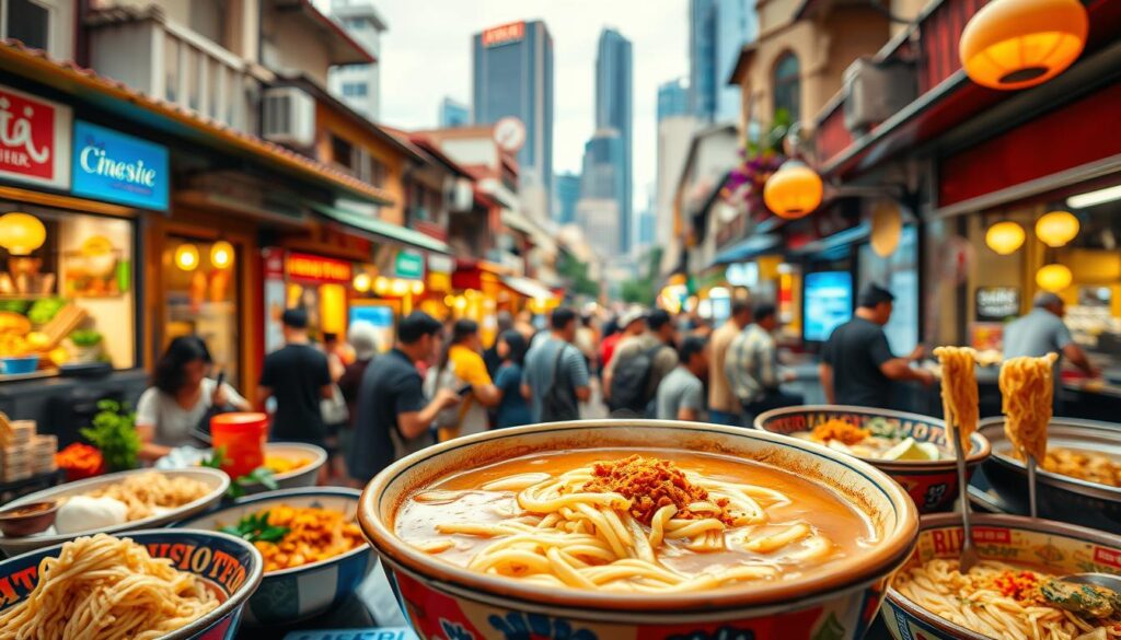 A vibrant scene of signature noodle dishes, set against the bustling backdrop of a lively Singaporean street. In the foreground, a steaming bowl of Singapore-style ramen takes center stage, its rich broth and perfectly al dente noodles glistening under the warm, diffused lighting. Surrounding it, an array of other iconic local favorites, such as mee pok, char kway teow, and laksa, each bursting with bold flavors and textures. The middle ground features the vibrant energy of a hawker center, with patrons eagerly slurping up their noodles and chatting animatedly. In the background, the distinctive architecture of Singapore's shophouses and skyscrapers create a dynamic urban landscape, evoking the city's rich cultural heritage. The overall scene is imbued with a sense of authenticity, capturing the essence of Singapore's beloved noodle culture.