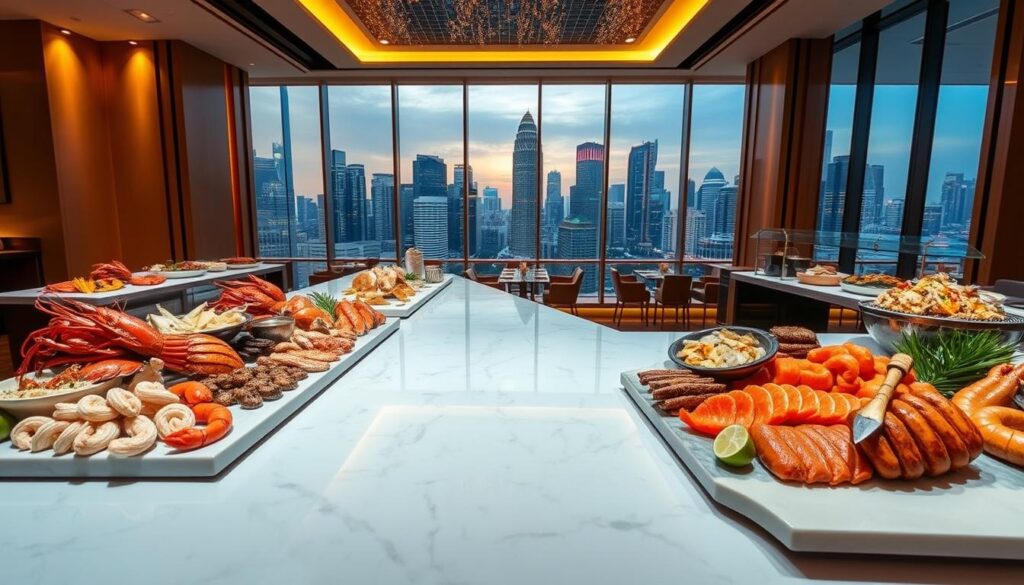 A vibrant seafood extravaganza set against the iconic skyline of Singapore. In the foreground, a bountiful spread of fresh crustaceans, succulent sashimi, and sizzling grill items arranged artfully on a white marble countertop. The middle ground showcases the sleek, modern interior of a high-end buffet restaurant, with floor-to-ceiling windows offering panoramic views of the glittering cityscape beyond. Warm, golden lighting casts a inviting glow, while subtle reflections dance across the polished surfaces. The atmosphere is one of elegance and indulgence, perfectly capturing the essence of a "Seafood Lovers' Paradise" in Singapore.