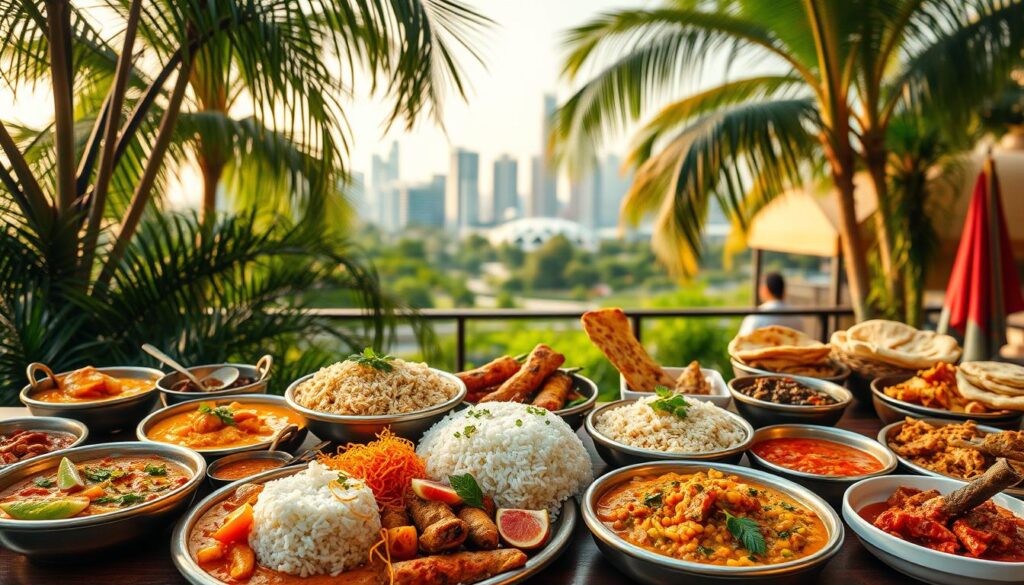 A vibrant spread of traditional Indian dishes and street food specialties, artfully arranged against a backdrop of lush tropical foliage and bustling Singapore cityscape. In the foreground, colorful curries, aromatic rice dishes, and sizzling kebabs capture the essence of the diverse culinary heritage. The middle ground features an array of fragrant spices, freshly baked naan, and vibrant chutneys, while the distant skyline hints at the multicultural tapestry of the city. Warm, golden lighting casts a cozy glow, evoking the welcoming ambiance of a bustling Singaporean hawker center. The composition showcases the richness and versatility of Indian cuisine as it has adapted and thrived within the unique Singaporean context.