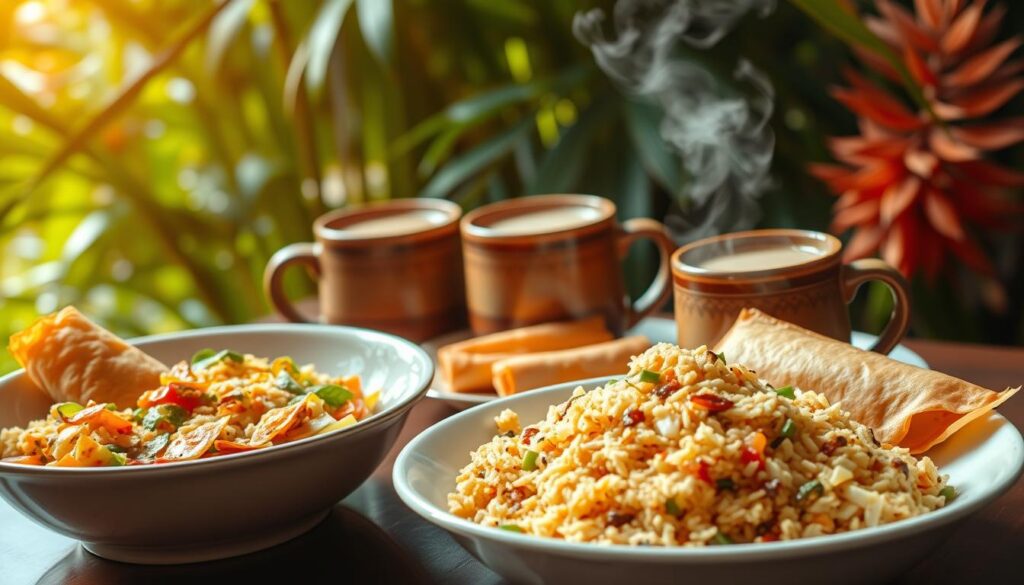 A vibrant still life scene of Indonesian fare, captured in warm, natural lighting. In the foreground, a steaming bowl of fragrant nasi goreng, its colorful medley of fried rice, vegetables, and savory seasonings. Alongside, a plate of crisp, golden-brown lumpia, fresh from the wok. In the middle ground, a pair of ceramic mugs filled with frothy, aromatic kopi tubruk, the traditional Indonesian coffee. In the background, lush tropical foliage frames the scene, hinting at the lush, verdant landscapes of the archipelago. The overall mood is one of comfort, tradition, and the rich culinary heritage of Indonesia.