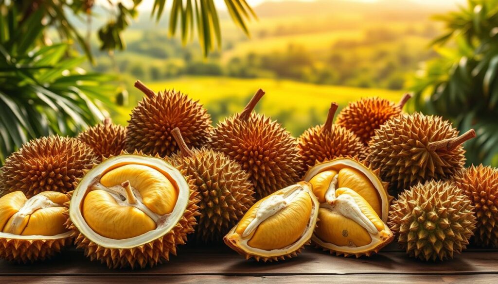 A vibrant still life showcasing the best premium durian varieties from Singapore. In the foreground, a selection of the most prized durian cultivars such as Mao Shan Wang, D24, and XO, their distinctive spiky rinds glistening under a warm, natural light. In the middle ground, the durian fruits are artfully arranged on a wooden table, complemented by lush tropical foliage. The background features a blurred, verdant landscape, hinting at the bountiful orchards where these premium durians are grown. The image conveys a sense of abundance, quality, and the diverse flavors of Singapore's renowned durian scene.