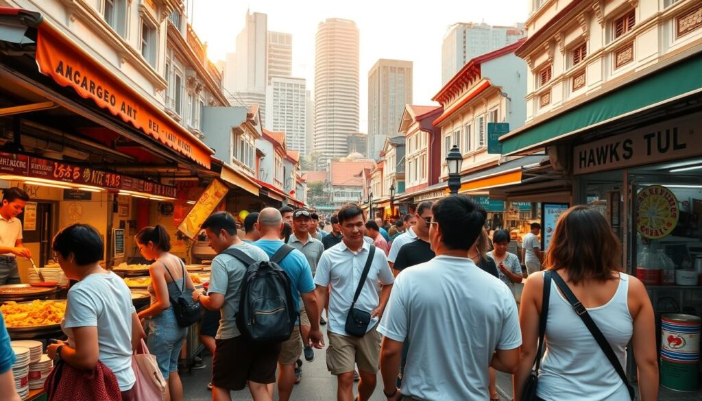 A vibrant street in Singapore, bustling with food stalls and eager culinary adventurers. In the foreground, a group of tourists explore a lively hawker center, captivated by the sizzling aromas and colorful displays of local delicacies. Mid-ground, vendors skillfully prepare an array of Singaporean specialties, from steaming plates of Hainanese chicken rice to fragrant laksa. In the background, the iconic architecture of Singapore's shophouses and skyscrapers create a dynamic urban backdrop, bathed in warm, golden light. The scene conveys a sense of discovery, as the food tour participants immerse themselves in the rich tapestry of Singapore's diverse culinary heritage.