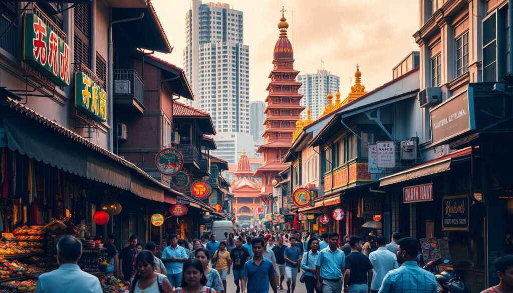A vibrant street scene in Chinatown and Little India, Singapore's cultural hotspots. In the foreground, bustling markets filled with colorful textiles, spices, and traditional trinkets. Towering shophouses with ornate facades and neon signs line the middle ground, casting a warm glow. In the background, the iconic Hindu temples and Chinese pagodas rise majestically, juxtaposing the modern high-rises beyond. Pedestrians weave through the crowd, capturing the energy and diversity of these historic neighborhoods. Warm, golden lighting illuminates the scene, evoking a sense of timeless tradition and lively cultural exchange. A wide-angle lens captures the scale and density of these urban hubs, showcasing their unique architectural and cultural heritage.