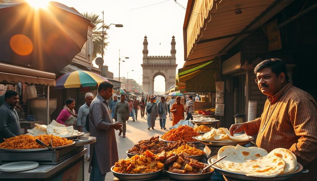 A vibrant street scene in Hyderabad, India, bathed in warm, golden-hour sunlight. In the foreground, a bustling food stall displays an array of mouthwatering Hyderabadi specialties - sizzling biryani, fragrant kebabs, and flaky paratha. The stall owner, wearing a traditional kurta, interacts with eager customers. In the middle ground, colorful umbrellas and awnings dot the lively marketplace, while in the background, the iconic Charminar monument stands tall, its ornate architecture silhouetted against a hazy sky. The scene exudes the rich flavors, aromas, and energy of Hyderabad's renowned culinary traditions.