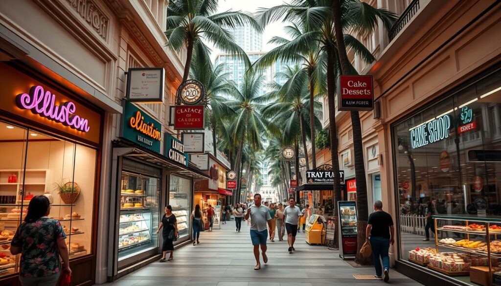 A vibrant street scene in Singapore, showcasing the enticing storefronts of various cake shops. In the foreground, a row of charming, well-lit bakeries with inviting displays of colorful cakes, pastries, and desserts in their large windows. The middle ground features pedestrians strolling by, admiring the tempting treats. In the background, a lush tropical setting with palm trees and bustling city life, creating a serene yet dynamic atmosphere. The scene is illuminated by warm, natural lighting, captured with a wide-angle lens to convey a sense of depth and immersion. The overall mood is one of anticipation and delight, inviting the viewer to explore these delectable cake shop locations throughout the city.