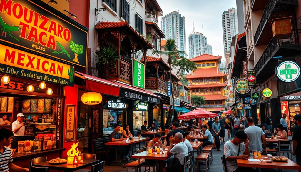 A vibrant street scene in Singapore's bustling Chinatown, featuring a row of authentic Mexican restaurants. Warm lighting illuminates the colorful facades, with hand-painted signs and lively patio seating. In the foreground, patrons enjoy sizzling fajitas and refreshing margaritas, while the middle ground showcases a diverse menu of tacos, burritos, and quesadillas. The background depicts the iconic shophouses and towering skyscrapers that define the Singapore skyline, creating a captivating fusion of Latin and Asian cultures. A wide-angle lens captures the dynamic atmosphere, inviting the viewer to immerse themselves in the delicious flavors of Mexican cuisine in this global city.