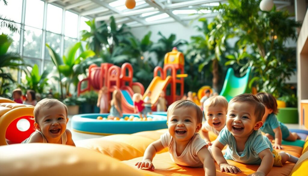 A vibrant, sun-drenched indoor play area filled with happy children. In the foreground, a group of toddlers giggle as they crawl through a colorful soft-play structure, its padded shapes and tunnels inviting endless exploration. In the middle ground, school-age kids dart between whimsical ball pits and slides, their laughter echoing off the high ceilings. The background features a lush indoor garden, verdant plants and trees creating a serene, natural setting. Warm, diffused lighting bathes the scene in a welcoming glow, as if captured through the lens of a wide-angle camera. The overall atmosphere is one of joyful, family-friendly wonder - a haven where young imaginations can run free.