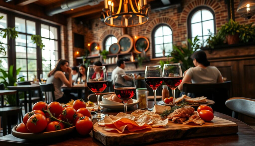 A vibrant tapas-style dining scene set in a cozy, rustic Spanish-inspired restaurant in Singapore. In the foreground, a table adorned with traditional Spanish dishware - vibrant red tomatoes, slices of cured Serrano ham, a charcuterie board with manchego cheese, and a glass of ruby-red Rioja wine. Overhead, a wrought-iron chandelier casts a warm, ambient glow. The middle ground features patrons engaged in lively conversation, savoring their meals. In the background, exposed brick walls, dark wood accents, and potted plants create an authentic Iberian atmosphere. Soft natural lighting filters through large windows, lending a relaxed, convivial mood to the entire scene.