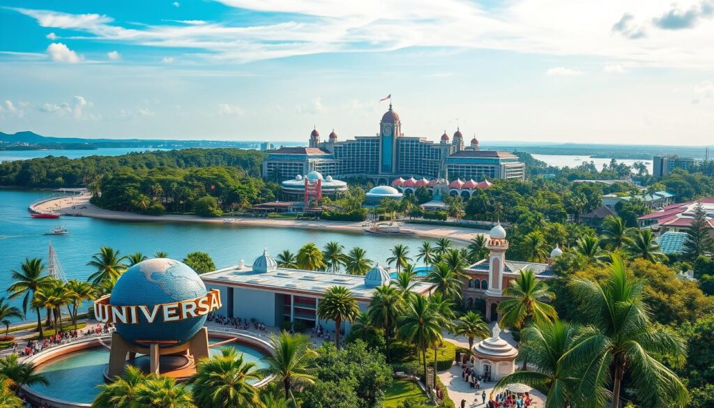 A vibrant tropical paradise, Sentosa Island comes alive with its captivating array of attractions. In the foreground, the iconic Universal Studios Singapore draws crowds with its thrilling rides and movie-themed experiences. In the middle ground, the iconic Resorts World Sentosa complex showcases its magnificent architecture, housing world-class hotels, restaurants, and the renowned S.E.A. Aquarium. In the background, the lush greenery of Sentosa's beaches and nature trails create a serene, island-like ambiance, accentuated by warm, golden sunlight filtering through the palm trees. The scene radiates a palpable sense of adventure, relaxation, and the quintessential Singaporean spirit of innovation and entertainment.