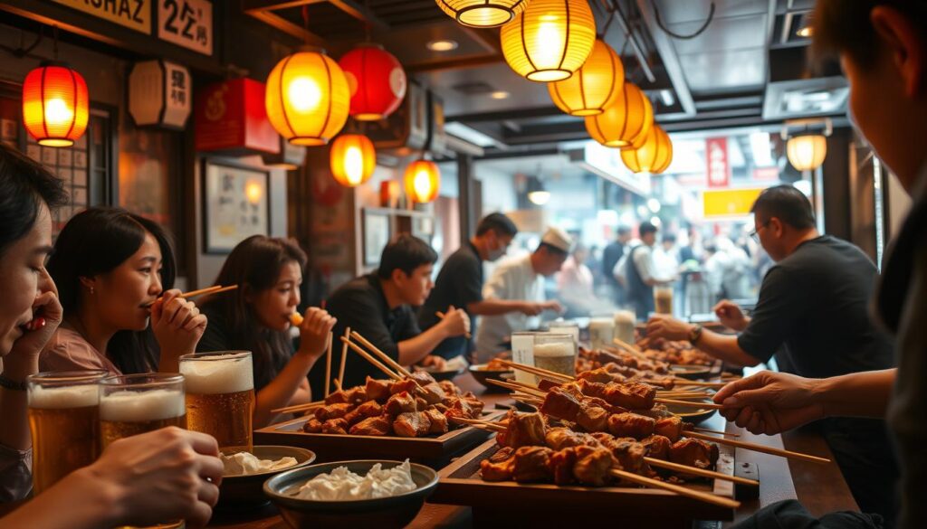 A vibrant yakitori dining experience unfolds in this scene. The warm glow of lanterns illuminates a cozy izakaya setting, where skewers of grilled chicken are presented on wooden plates alongside frothy beers and hot sake. In the foreground, patrons lean in, savoring the smoky flavors and sharing lively conversation. The middle ground features an open kitchen, where chefs skillfully tend to the yakitori, their movements captured in a dynamic, cinematic manner. The background reveals the hustle and bustle of a lively Singapore street, hinting at the authentic, immersive atmosphere of this quintessential Japanese dining experience.