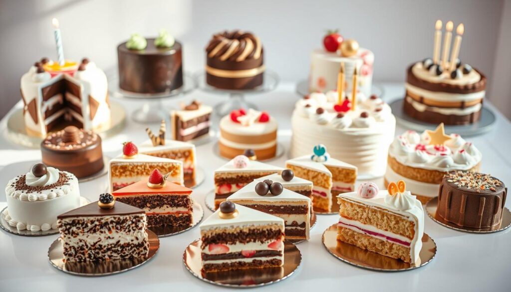 A visually appealing array of customized birthday cake options presented on a minimalist white table. In the foreground, an assortment of exquisite cake slices with various toppings, fillings, and decorative flourishes. The middle ground showcases a selection of whole cakes in different shapes, sizes, and designs, hinting at the endless possibilities for personalization. Soft, natural lighting casts a warm, inviting glow, highlighting the textural details and vibrant colors of the confections. The background features a clean, uncluttered space, allowing the cakes to take center stage and inspire the viewer's imagination.