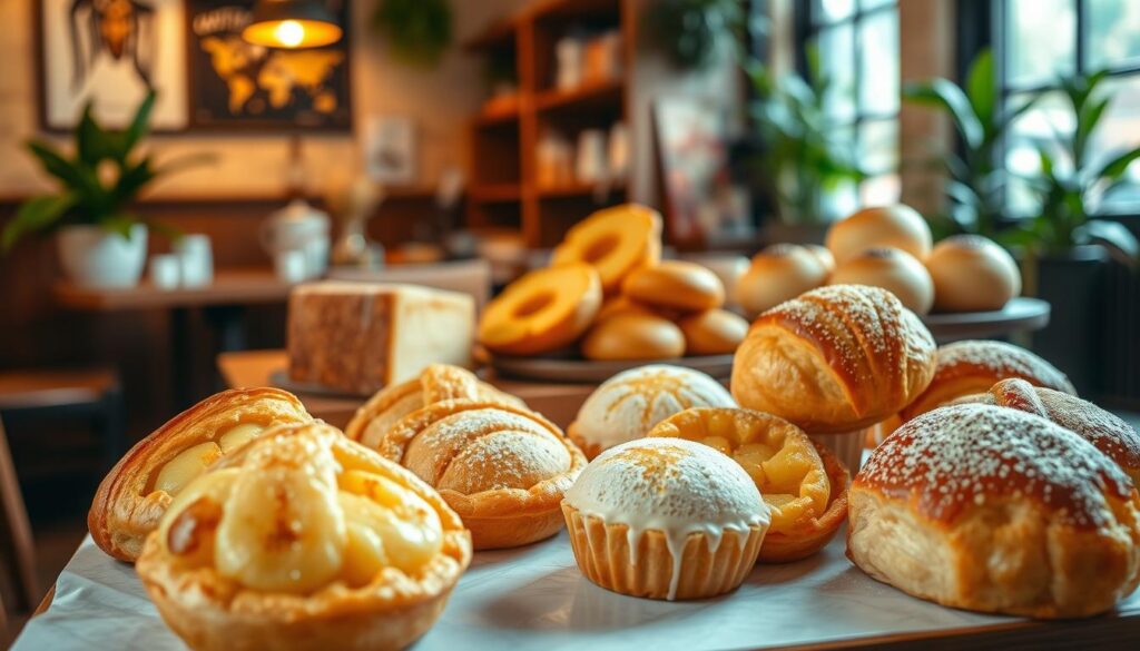 A visually striking display of Singapore's signature pastries, captured in a warm, inviting light. Prominent in the foreground, an artful arrangement of flaky croissants, buttery pineapple tarts, and delicate ondeh-ondeh, their vibrant colors and intricate textures inviting closer inspection. In the middle ground, a selection of traditional kaya toast and soft, pillowy buns, the steam gently rising, hinting at their freshly baked goodness. The background features a cozy, quaint cafe setting, with wooden furnishings and verdant potted plants, creating a sense of homely comfort. The entire scene is bathed in a soft, golden glow, evoking the welcoming atmosphere of a beloved local institution.