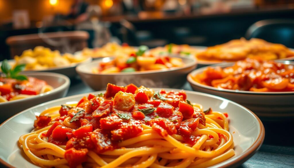 A visually stunning array of traditional Italian pasta dishes, beautifully presented in a warm, inviting setting. In the foreground, a plate of freshly made spaghetti carbonara, the rich, creamy sauce glistening and complemented by crisp pancetta. In the middle ground, a steaming bowl of hearty, tomato-based penne all'arrabbiata, its vibrant red hue and spicy kick enticing the senses. In the background, a selection of other beloved Italian pasta specialties, such as delicate ravioli in a sage butter sauce and a classic lasagna, all illuminated by soft, golden lighting that evokes the ambiance of an authentic trattoria. The overall scene exudes the mouthwatering aromas and comforting flavors that embody the essence of Italian culinary excellence.