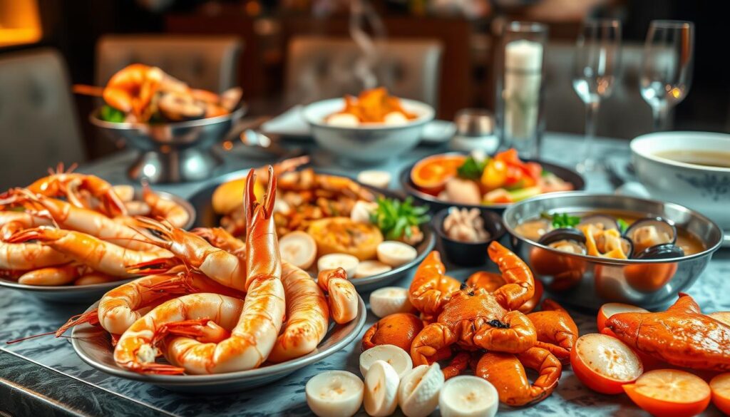 A visually stunning still life featuring an assortment of exquisite seafood dishes. In the foreground, a delicate arrangement of freshly grilled or steamed prawns, scallops, and crab legs, glistening under soft, warm lighting. The middle ground showcases a variety of traditional Singaporean Zi Char-style preparations, such as a sizzling plate of chili crab, a fragrant wok-fried dish with clams and vegetables, and a steaming bowl of savory seafood soup. In the background, a beautifully decorated table setting with sleek, modern tableware complements the mouthwatering seafood offerings. The overall composition conveys a sense of culinary sophistication and the vibrant, celebratory atmosphere of a renowned Zi Char establishment.