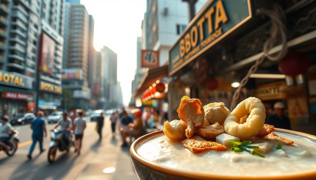 A warm and inviting Cantonese-style congee (boiled rice porridge) set against the vibrant backdrop of a bustling Singaporean street. In the foreground, a steaming bowl of creamy, smooth congee is garnished with tender chicken, crisp fried dough fritters, and a sprinkle of green onions. The middle ground features the humble Botak Cantonese Porridge stall, its weathered facade exuding an aura of authenticity. The background is alive with the energy of the city, with towering high-rises, bustling pedestrians, and the occasional passing vehicle. The lighting is soft and natural, casting a golden glow over the scene, evoking a sense of comfort and nostalgia. The overall atmosphere is one of warmth, tradition, and the celebration of simple, delicious Cantonese cuisine in the heart of Singapore.