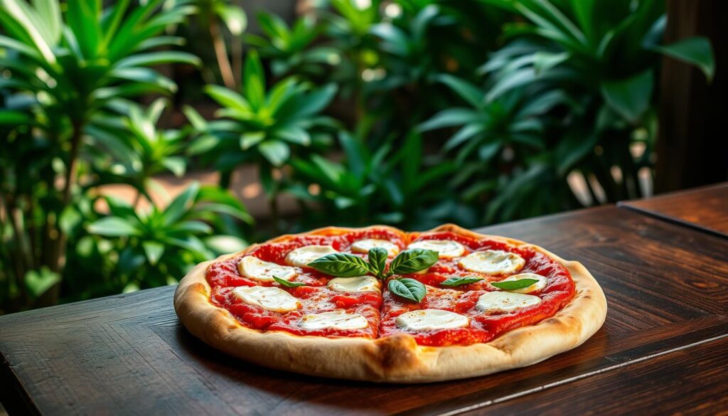 A warm, inviting Neapolitan pizza nestled on a weathered wooden table, its thin, crisp crust adorned with glistening tomato sauce, creamy mozzarella, and fresh basil leaves. In the background, a lush, verdant garden with lush tropical foliage frames the scene, casting a soft, natural light that accentuates the pizza's authentic, homemade appearance. The setting evokes a cozy, intimate atmosphere, transporting the viewer to a charming trattoria in the heart of Singapore, where tradition and modernity seamlessly blend.