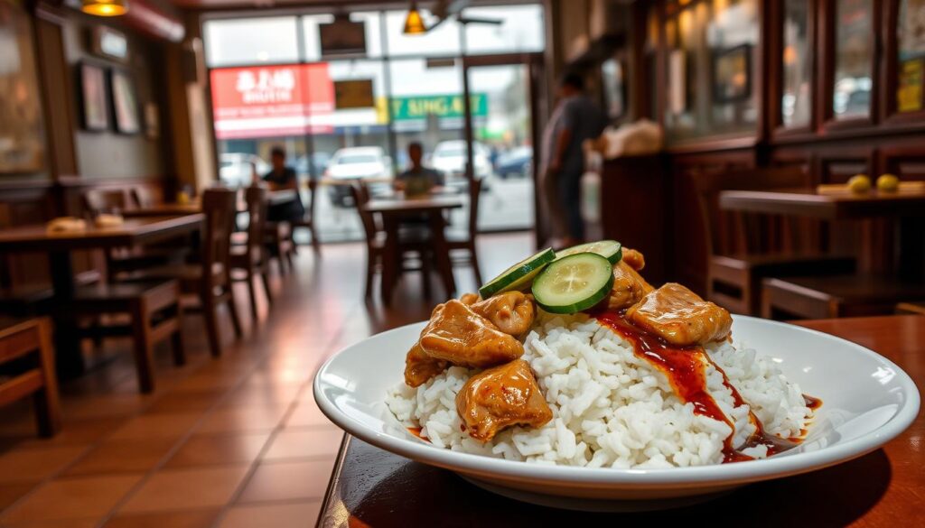 A warm, inviting scene of the iconic Sing Swee Kee Chicken Rice restaurant in Singapore. In the foreground, a plate of perfectly steamed white rice is adorned with tender, juicy chicken pieces, garnished with sliced cucumbers and a drizzle of rich, savory soy sauce. The middle ground showcases the restaurant's humble, cozy interior, with wooden furniture and floor tiles that evoke a nostalgic, timeless ambiance. In the background, the bustling street outside is visible through the large windows, hinting at the vibrant, lively neighborhood that surrounds this beloved local eatery. The lighting is soft and natural, creating a comforting, homely atmosphere that invites the viewer to savor the delicious flavors of this quintessential Singaporean dish.