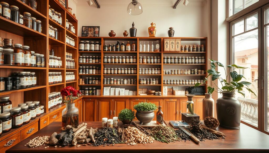 A warm-lit, well-stocked apothecary interior showcasing a variety of traditional Chinese herbal remedies from Eu Yan Sang. Shelves and cabinets line the walls, filled with neatly organized jars and bottles of various herbs, tinctures, and tonics. The countertop displays an assortment of loose herbs, dried roots, and other natural ingredients, exuding an earthy, soothing aroma. Soft, natural lighting filters in through large windows, casting a gentle glow over the scene. The atmosphere evokes a sense of heritage, wellness, and trust in time-honored traditional Chinese medicine practices.