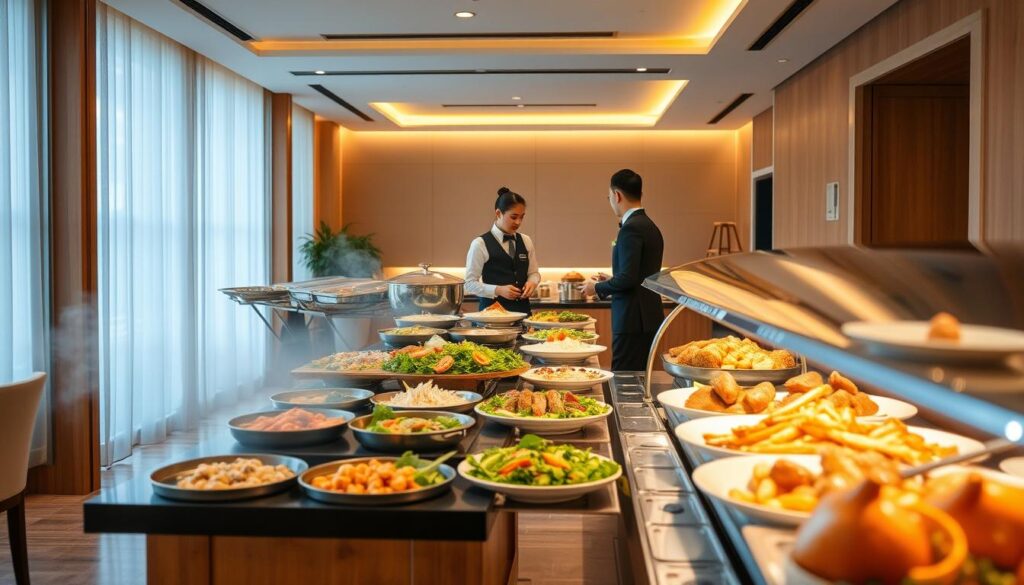 A well-appointed halal catering service in Singapore, Stamford Catering showcases its delectable offerings in a warm, inviting setting. In the foreground, an elegant buffet table displays an array of tantalizing dishes, their aroma wafting through the air. The middle ground features smartly dressed servers attending to guests, their attentive service complementing the high-quality cuisine. In the background, a modern, minimalist interior with clean lines and natural light creates an atmosphere of sophistication and professionalism. Warm wood tones and subtle lighting lend a cozy ambiance, reflecting Stamford Catering's reputation for reliability and exceptional taste. The overall scene conveys a sense of trust, quality, and seamless hospitality - the hallmarks of this renowned halal catering provider.