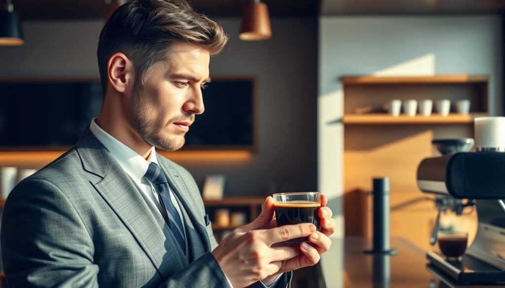 A well-dressed man, a coffee connoisseur, standing before a sleek, modern cafe counter. Soft natural lighting illuminates his face as he contemplates the aroma of a freshly brewed cup of specialty coffee. His expression is one of thoughtful appreciation, as he carefully examines the rich, dark liquid in his hand. The cafe's minimalist decor and polished wood accents create a warm, inviting atmosphere, conveying an air of refined sophistication. The man's keen, discerning gaze and the cafe's attention to detail suggest a shared passion for the art of coffee making and appreciation.
