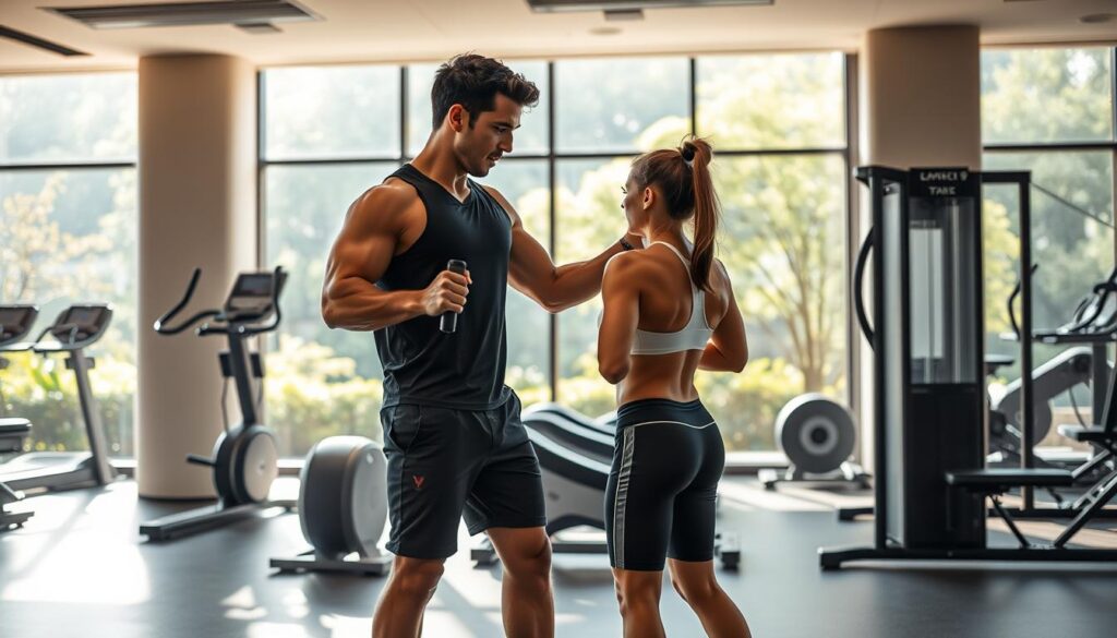 A well-equipped modern gym in Singapore, bathed in warm natural light. In the foreground, a personal trainer guides a client through a tailored strength training session, their forms precise and focused. The middle ground showcases an array of state-of-the-art fitness equipment, inviting and ready for use. In the background, floor-to-ceiling windows overlook the lush greenery of Novena, creating a serene, rejuvenating atmosphere. The overall mood is one of dedication, expertise, and a commitment to personalized wellness.