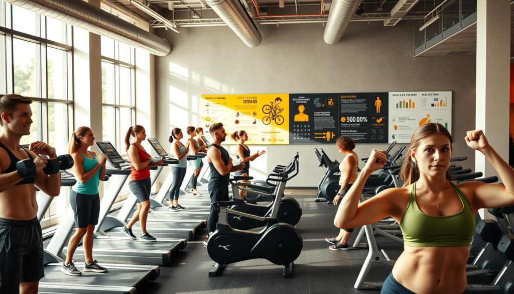 A well-equipped modern gym interior with natural light streaming through large windows. In the foreground, a group of fit individuals performing various strength training exercises with dumbbells and resistance bands. The middle ground features people using treadmills, stationary bikes, and other cardio equipment, their expressions determined and focused. In the background, a wall-mounted display showcases infographics highlighting the physical, mental, and overall health benefits of regular fitness training. The lighting is bright and warm, creating an energetic and motivating atmosphere conducive to achieving fitness goals.