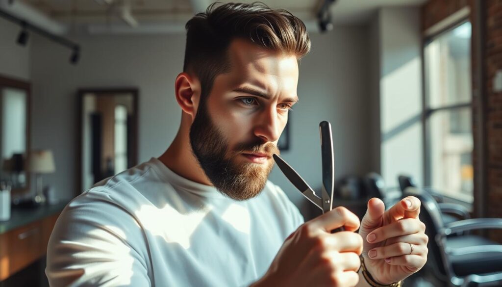 A well-groomed man with a stylish beard, expertly wielding a classic straight razor in a sleek, modern barbershop. Soft natural lighting illuminates the scene, casting dramatic shadows and highlighting the precision of his shaving technique. The man's face is a study in concentration, his eyes focused intently as he glides the blade across his skin. The background features minimalist, industrial-chic decor, with exposed brick walls, chrome accents, and vintage barber chairs. The overall atmosphere is one of old-world craftsmanship and contemporary sophistication, reflecting the Hombre Barberblade's commitment to providing an exceptional grooming experience.