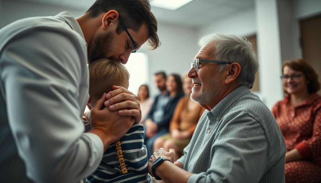 A well-lit, cinematic scene depicting chiropractic care for different age groups. In the foreground, a chiropractor gently adjusting the spine of a young child, their expression one of care and focus. In the middle ground, an elderly patient receiving treatment, their face showing relief as the chiropractor's skilled hands work. In the background, a diverse group of patients of varying ages, all waiting patiently for their turn. The lighting is soft and natural, creating a soothing, professional atmosphere. The camera angle is slightly elevated, giving a sense of the chiropractor's expertise and the patients' trust. A well-lit, cinematic scene depicting chiropractic care for different age groups. In the foreground, a chiropractor gently adjusting the spine of a young child, their expression one of care and focus. In the middle ground, an elderly patient receiving treatment, their face showing relief as the chiropractor's skilled hands work. In the background, a diverse group of patients of varying ages, all waiting patiently for their turn. The lighting is soft and natural, creating a soothing, professional atmosphere. The camera angle is slightly elevated, giving a sense of the chiropractor's expertise and the patients' trust.