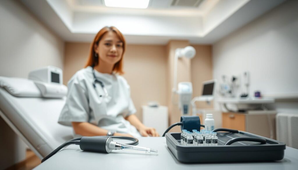 A well-lit clinic room, with a patient seated on an examination table, preparing for a health screening. The patient is wearing a white gown, with a calm and attentive expression. In the foreground, medical instruments such as a stethoscope, blood pressure cuff, and a tray of syringes are neatly arranged. The background features a clean, modern interior with neutral-toned walls and medical equipment, conveying a sense of professionalism and care. The lighting is soft and diffused, creating a soothing atmosphere. The overall scene depicts the patient's readiness and the healthcare provider's attention to detail, reflecting the comprehensive nature of the health screening process.