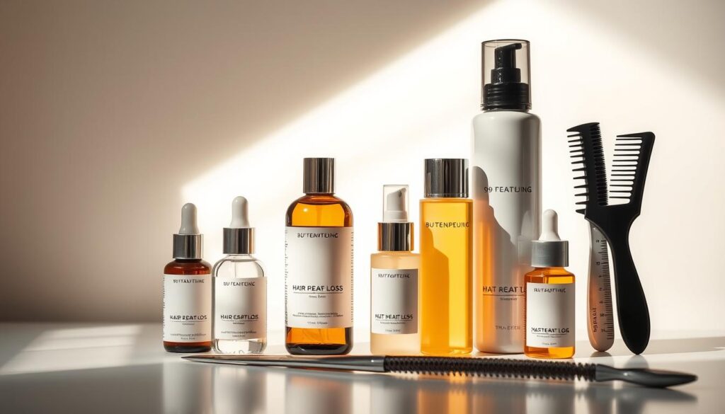 A well-lit, close-up shot of various hair loss treatment products and tools against a minimalist, soft-focus background. Showcasing high-quality hair serums, shampoos, and combs in a sleek, modern display. Warm, natural lighting illuminates the detailed textures and colors of the hair care items, creating a sense of professionalism and expertise. The overall composition emphasizes the precision and quality of the hair treatments, aligning with the section title "99 Percent Hair Studio - Precision and Quality".
