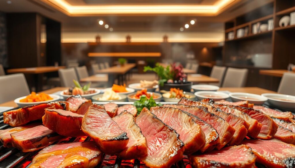 A well-lit, high-quality image of an assortment of premium Korean BBQ meats. In the foreground, marbled slices of rich, tender beef and pork sizzle on a hot grill, with glistening edges and a mouthwatering char. In the middle ground, an array of savory side dishes like kimchi, pickled vegetables, and sauces artfully arranged on a wooden table. In the background, a minimalist, modern Korean restaurant setting with clean lines, warm lighting, and traditional accents. The image should convey the premium quality, attention to detail, and authentic Korean BBQ experience.