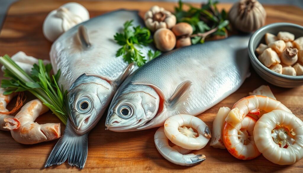 A well-lit, high-resolution close-up photograph of an assortment of fresh fish soup ingredients, including whole fish fillets, shrimp, mushrooms, ginger, scallions, and other aromatic herbs and spices, arranged neatly on a wooden chopping board or kitchen counter. The lighting should be soft and natural, casting subtle shadows to accentuate the textures and colors of the ingredients. The composition should be visually appealing, with the ingredients strategically placed to create a sense of depth and balance, showcasing the essential components that make up a delicious and authentic fish soup.