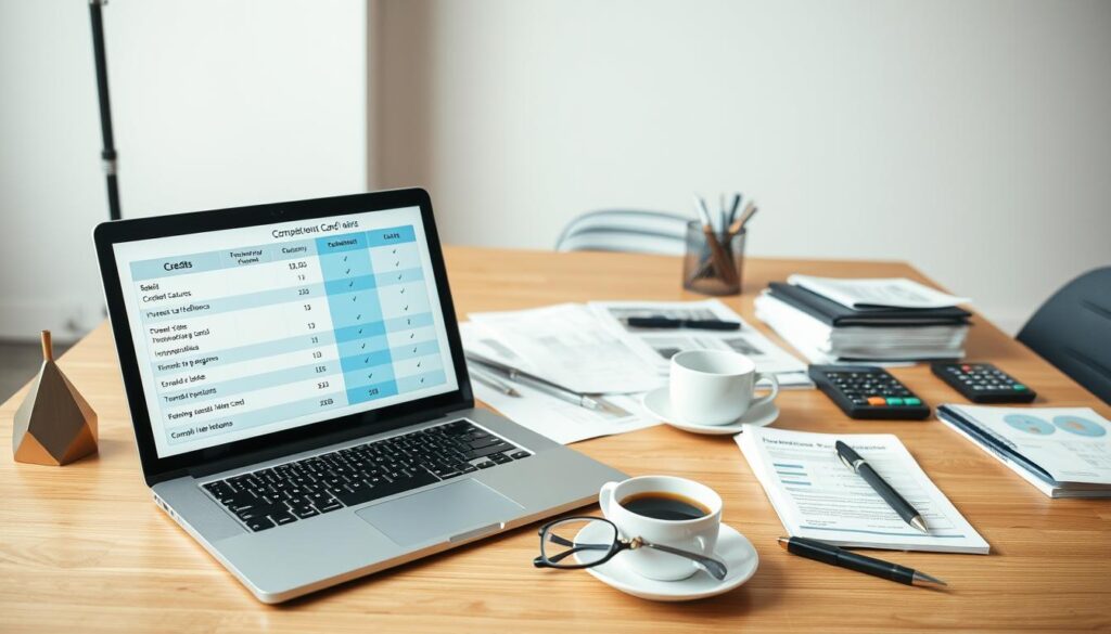 A well-lit, high-resolution image of a contemporary financial advisor's desk, showcasing a variety of essential tools for comparing and evaluating credit card options. In the foreground, a sleek laptop displays a side-by-side comparison of credit card features, interest rates, and rewards programs. Surrounding the laptop, an array of neatly organized documents, calculators, and a stylish pen holder. In the middle ground, a pair of reading glasses, a stack of financial reports, and a cup of coffee sit atop a minimalist wooden desk. The background features a clean, modern office setting with muted tones, providing a professional and focused atmosphere.