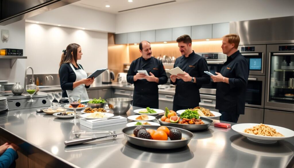 A well-lit indoor scene with three catering experts standing in a professional kitchen, comparing menus, tasting samples, and discussing presentation styles. The foreground features a sleek stainless steel countertop with various culinary tools and ingredients. The middle ground showcases the caterers engaged in a lively conversation, gesturing animatedly. The background depicts a modern, high-end kitchen with state-of-the-art appliances and a warm, inviting ambiance. The lighting is soft and indirect, highlighting the textures and colors of the scene. The overall mood is one of collaboration, expertise, and the pursuit of culinary excellence.
