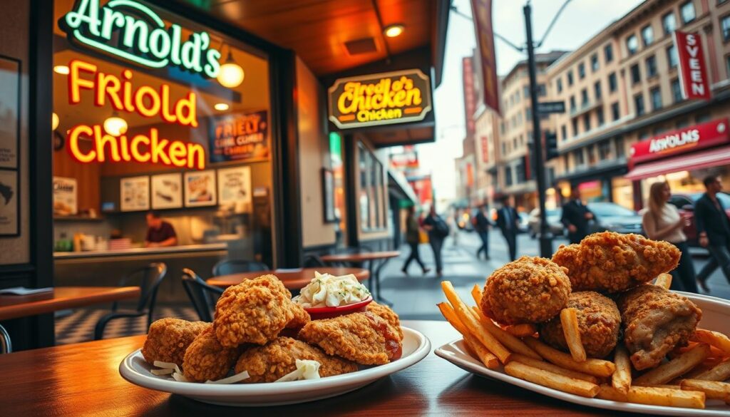 A well-lit, inviting fried chicken restaurant facade, with a classic neon sign and a large storefront window showcasing the tantalizing golden-brown fried chicken pieces. The interior is visible, featuring a cozy, retro-inspired decor with wooden tables, checkered floor tiles, and a bustling open kitchen where skilled chefs carefully prepare each order. The lighting is warm and ambient, creating a welcoming atmosphere. The foreground features a table with a plate of freshly fried chicken, accompanied by a side of creamy coleslaw and crispy fries. The background shows a vibrant city street, with pedestrians and passing cars, adding to the lively urban setting. The overall composition conveys the mouthwatering delights of Arnold's Fried Chicken, a true culinary destination.